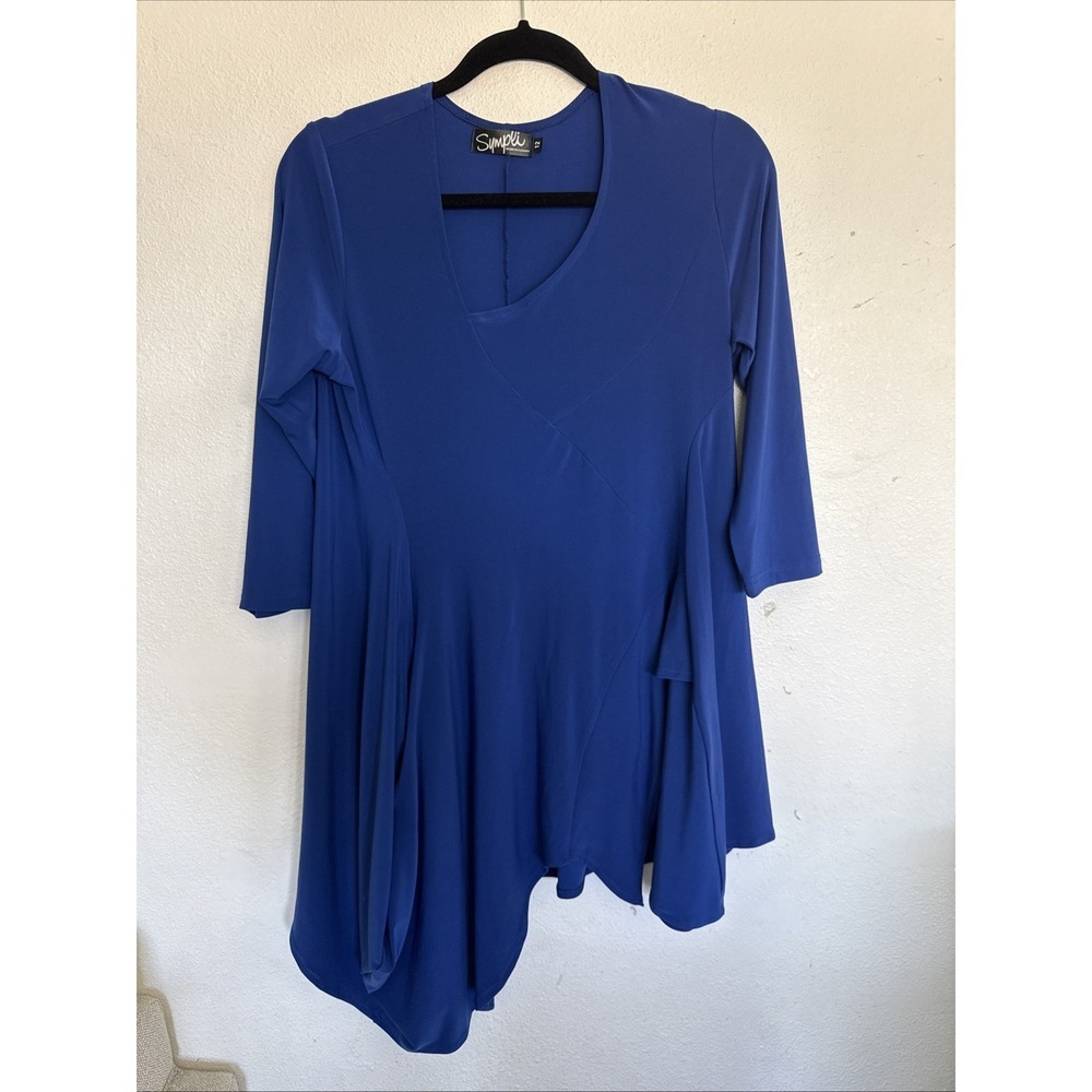 Sympli Womens Blue 3/4 Sleeve Asymmetrical Tunic Dress 12 Lagenlook